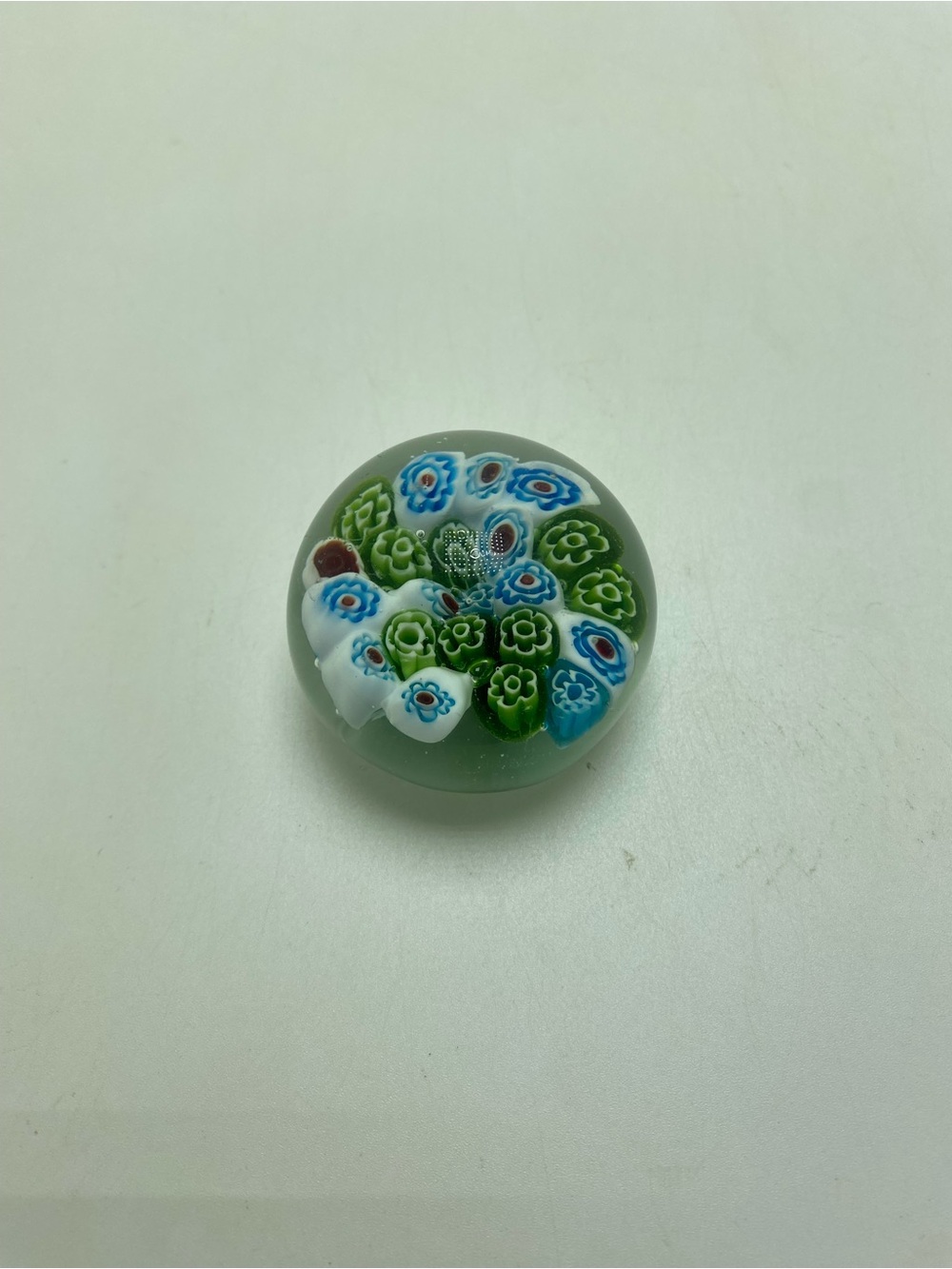 Vintage Murano Millefiori Green & Blue Flowers Small Paperweight